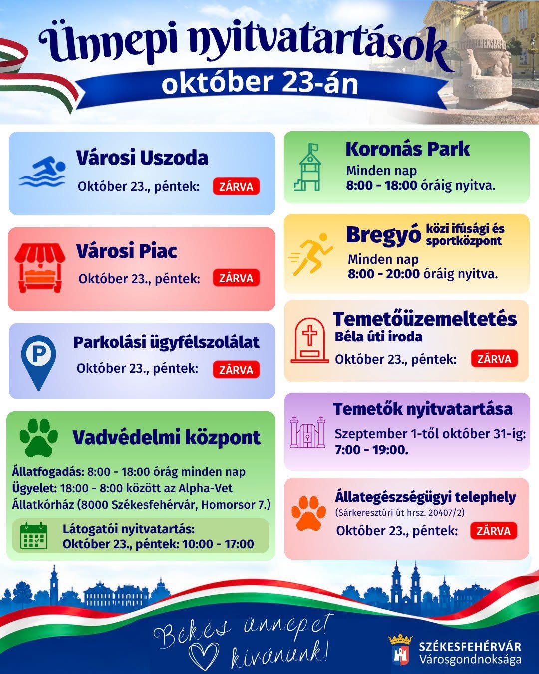 Így tartanak nyitva a Városgondnokság létesítményei október 23-án